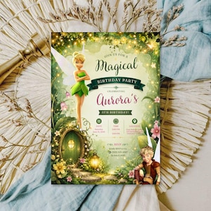 May include: A rectangular birthday party invitation card featuring Tinker Bell and a boy character in a forest setting. The text reads: Join us for a Magical Birthday Party celebrating Aurora's 5th Birthday, with date, time, location, and RSVP details.