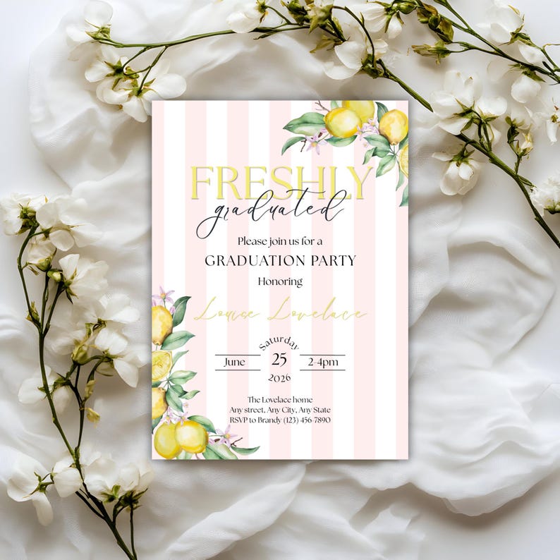 Puede incluir: Una invitaci&oacute;n a una fiesta de graduaci&oacute;n con un fondo a rayas rosas y blancas. El texto "FRESHLY graduated" es dorado, con texto adicional debajo. Ilustraciones de limones y flores adornan las esquinas. La invitaci&oacute;n incluye la fecha, la hora y la informaci&oacute;n de RSVP.