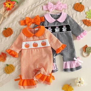 Baby Girl Halloween Smocked Romper and Headband Set, Gingham Pumpkin Ghost Embroidered Flare Jumpsuit, Fall Clothes Gift