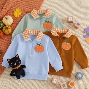 May include: Three long-sleeve quarter-zip pullovers in light blue, sage green, and brown, each featuring a textured orange pumpkin appliqué on the chest and a white and orange gingham collar. A small black plush cat toy is placed near the blue pullover.