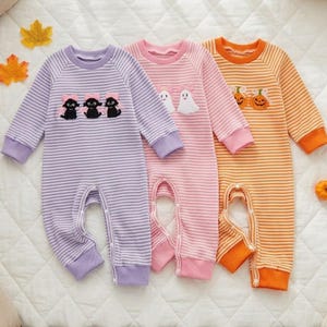 Baby Girl Boy Halloween Romper, Cute Ghost Pumpkin Striped Jumpsuit, Infant Long Sleeve Footless Pajamas, Newborn Spooky Cat Bodysuit Gift
