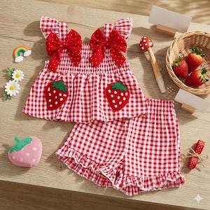 May include: A red and white gingham two-piece outfit consisting of a sleeveless top and shorts. The top features ruffled shoulder straps, two large red polka-dot bows, and two embroidered strawberry appliques. The shorts have a ruffled hem.