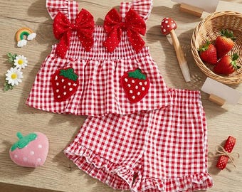 Toddler Girl Strawberry Outfit, Red Plaid Ruffle Shorts Set, Baby Girl Summer Clothes, Gingham Tank Top with Big Bows, 2 Piece Smocked Set