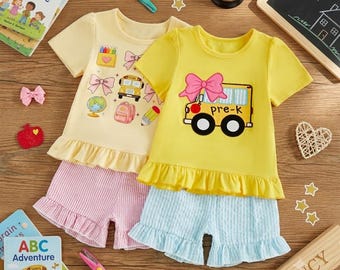 Toddler Girl Back to School Outfit, Pre-K School Bus Embroidered Shirt, Girls First Day of School Seersucker Shorts Set, Cute Ruffle Tops