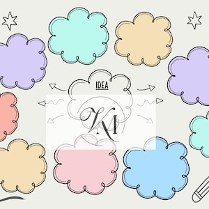 May include: A digital illustration with nine cloud-shaped speech bubbles in pastel shades, outlined in black. The word "IDEA" is above a central cloud, with arrows pointing to the bubbles. Decorative stars and doodles surround the clouds.