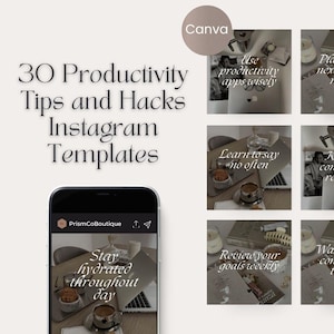 Puede incluir: Plantillas de Instagram con consejos y trucos de productividad. La imagen presenta un teléfono inteligente que muestra una plantilla con el texto "Mantente hidratado durante todo el día". Otras plantillas incluyen "Usa aplicaciones de productividad sabiamente" y "Revisa tus objetivos semanalmente".