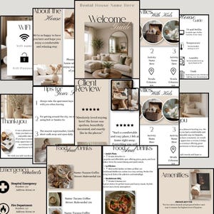 Può includere: Una raccolta di schede informative beige e bianche, tra cui una guida di benvenuto, recensioni dei clienti e servizi. Le schede presentano testo, icone e immagini relative a una casa in affitto, come dettagli Wi-Fi, suggerimenti e contatti di emergenza.