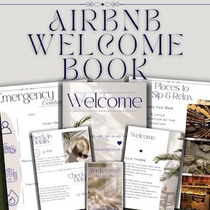 Può includere: Un Welcome Book di Airbnb con più pagine, tra cui "Benvenuto", "Dettagli del check-in" e "Contatti di emergenza". Il design presenta un elegante testo blu navy su sfondo bianco, con accenti decorativi e immagini.