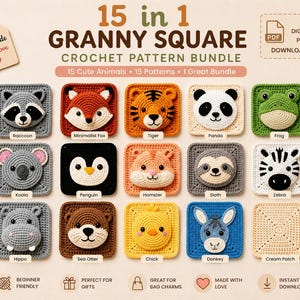 Può includere: Un pacchetto di modelli all'uncinetto con 15 disegni di animali, tra cui un procione, una volpe, una tigre, un panda e una rana. I quadrati sono in vari colori e sono etichettati con i nomi degli animali. Il testo "15 in 1 Granny Square Crochet Pattern Bundle" è in alto.
