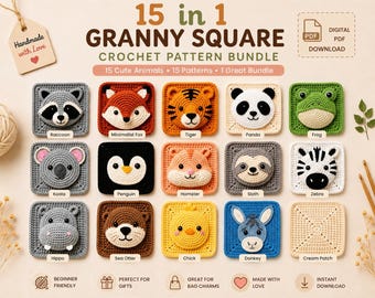 Tier Oma Quadrat Häkelanleitungen Bundle anfängerfreundlich für Baby Decke (15 digitale PDF Muster)