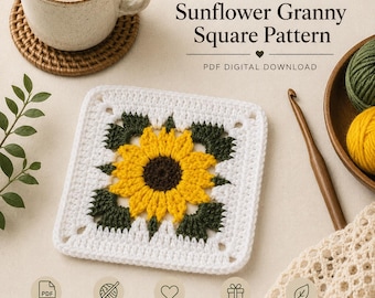 Sunflower Grandma Square Häkelanleitung, PDF, Anfänger Blumenmotiv, einfacher Häkelblock für Decken, Taschen, sofort Download