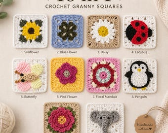 10 Grandma Square Häkelanleitungen Bundle PDF | Blumenmotive für Decken, Afghanen, Taschen & Kissen | Sofortiger digitaler Download