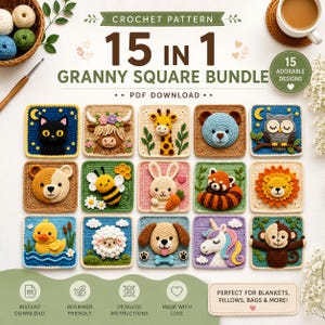 Op de afbeelding: Een haakpatroonbundel met 15 granny square ontwerpen, met dieren zoals een kat, giraffe en beer. De tekst luidt "15 in 1 Granny Square Bundle" en "PDF Download". Perfect voor dekens, kussens, tassen & meer!