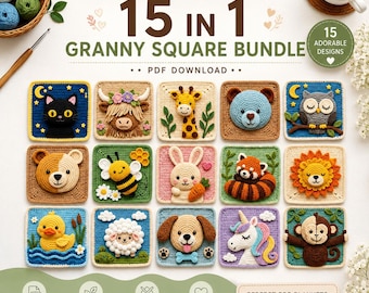 Tier Oma Quadrat Häkelanleitungen Bundle anfängerfreundlich für Baby Decke (15 digitale PDF Muster)