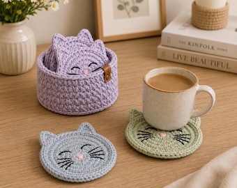 Crochet Cat Untersetzer und Halter Muster - Cute Kitty Cup Mat Set, Kitty Coaster Häkelanleitung PDF .