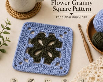 Oma Quadrat Muster, Häkelmotiv Muster, Häkelblume, Einfaches Häkelmotiv, Häkeluntersetzer, Häkelklee, PDF Instant Download