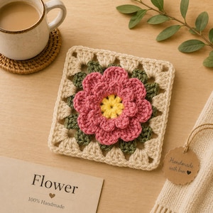 May include: A handmade crochet coaster with a pink flower design, yellow center, and green leaves. The coaster is square with a beige border. A cup of coffee sits nearby. The text "Flower" and "100% Handmade" are visible.