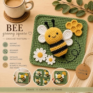 Könnte beinhalten: Ein gehäkeltes Bienen-Oma-Quadratmuster. Das Quadrat ist grün mit einer gelb-schwarzen Biene, weißen Gänseblümchen und einer Honigwabe. Der Text auf dem Bild lautet "BEE granny square - CROCHET PATTERN - INSTANT DOWNLOAD - BEGINNER FRIENDLY - DETAILED INSTRUCTIONS".