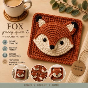 Puede incluir: Un patrón de granny square de zorro tejido a crochet con el texto "FOX granny square - CROCHET PATTERN". La cara del zorro está hecha de hilo naranja, crema y negro. El cuadrado se muestra con una taza de café y una etiqueta decorativa que dice "Handmade with love".