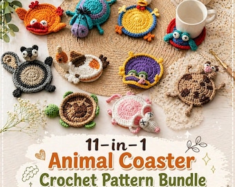 11-in-1 Tier häkeln Untersetzer-Muster-Bundle | Tiere Tassenhalter | Amigurumi-Stil | PDF Schnittmuster + Anleitung
