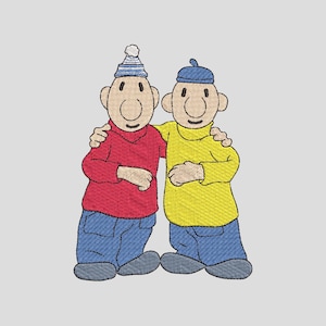 May include: An embroidery design featuring two cartoon characters standing side by side with arms around each other. One character wears a red sweater, blue pants, and a blue and white striped hat. The other wears a yellow sweater, blue pants, and a blue hat.