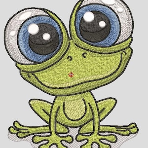 May include: An embroidery design of a cartoon frog with a light green body and oversized eyes. The eyes feature large blue irises, black pupils, and white highlights. The frog has a wide, smiling mouth and is depicted in a seated position.