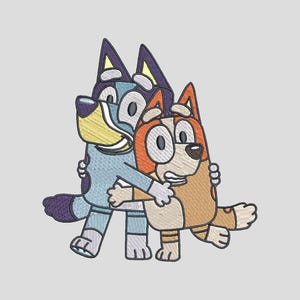 Motif de broderie Bluey et Bingo en 3 tailles, illustration de dessin animé numérisée pour machine (tous formats PES, DST, JEF)