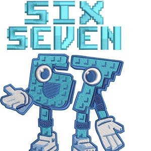 Puede incluir: Diseño bordado con las palabras "SIX SEVEN" en fuente pixelada sobre dos figuras de dibujos animados de los números seis y siete. Las figuras son de color verde azulado con guantes y zapatos blancos, y tienen ojos grandes y redondos.