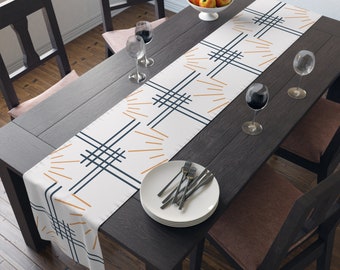 Rays and Lines Table Runner available in Cotton or Polyester and in 2 Sizes - Dining Room Table Setting and Decor - Navy and Gold