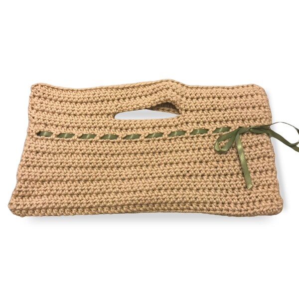 Taupe Small Purse with Green Ribbon - Handmade Handbag - Woman's Accessory