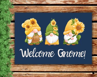 Welcome Gnome! Outdoor Front Door Rug Matt - Home Decor for the Gnome Home - Navy Light Background
