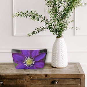 Purple Clematis Accessory Pouch: Floral Cosmetic Bag, Travel Toiletry Case