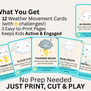 Pu&ograve; includere: Carte di movimento meteorologico con illustrazioni di nuvole, fulmini e pioggia. Le carte includono istruzioni per attivit&agrave; come "Lightning Strike" e "Rain Drops". Il testo recita "No Prep Needed, Just Print, Cut & Play."