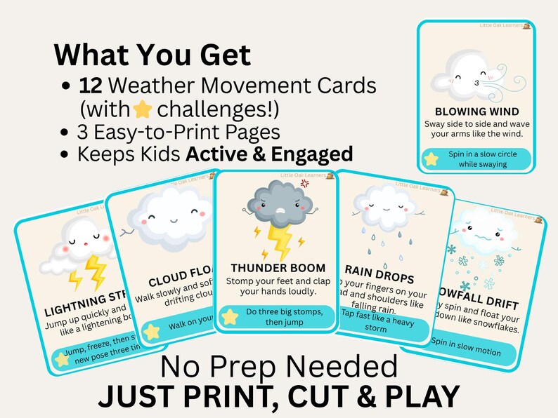 Pu&ograve; includere: Carte di movimento meteorologico con illustrazioni di nuvole, fulmini e pioggia. Le carte includono istruzioni per attivit&agrave; come "Lightning Strike" e "Rain Drops". Il testo recita "No Prep Needed, Just Print, Cut & Play."