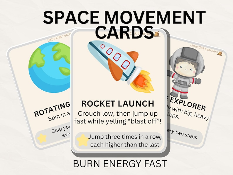 May include: Educational space movement cards with illustrations of a rocket, astronaut, and Earth. The cards feature instructions for physical activities like rocket launch and rotating. Text on the cards reads "Space Movement Cards" and "Burn Energy Fast."