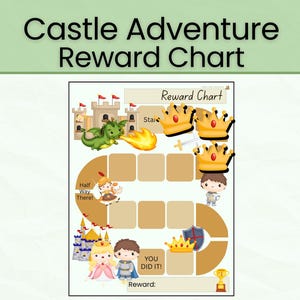 May include: A Castle Adventure Reward Chart featuring a winding path of tan squares, a green dragon breathing fire, a castle, a knight, a princess, and golden crowns. The chart includes text reading "Reward Chart", "Start", "Half Way There!", and "YOU DID IT!".