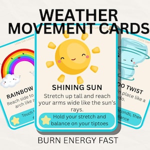 Pu&ograve; includere: Carte di movimento meteorologico con illustrazioni di un arcobaleno, un sole e un tornado. Ogni carta ha istruzioni per attivit&agrave; fisiche. Il testo include "Burn Energy Fast."