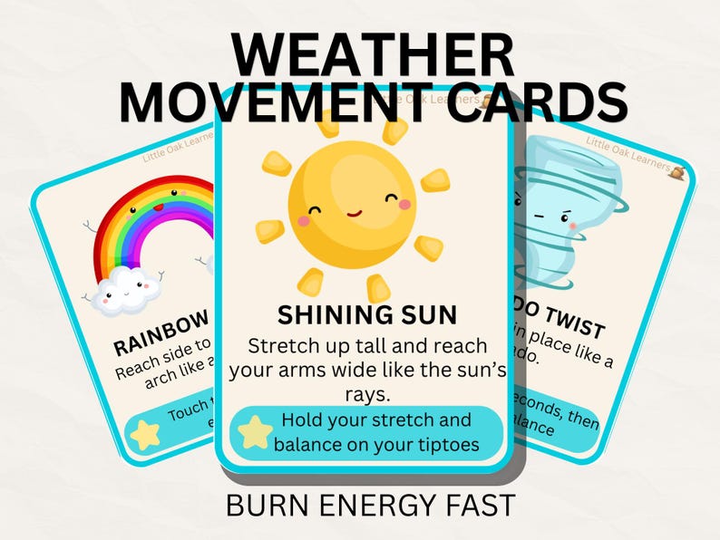 Pu&ograve; includere: Carte di movimento meteorologico con illustrazioni di un arcobaleno, un sole e un tornado. Ogni carta ha istruzioni per attivit&agrave; fisiche. Il testo include "Burn Energy Fast."