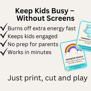 Pu&ograve; includere: L'immagine presenta due carte attivit&agrave; con illustrazioni e istruzioni per bambini. Le carte sono intitolate "Tornado Twist" e "Rainbow Reach". Il testo sull'immagine recita "Keep Kids Busy - Without Screens" e "Just print, cut and play."