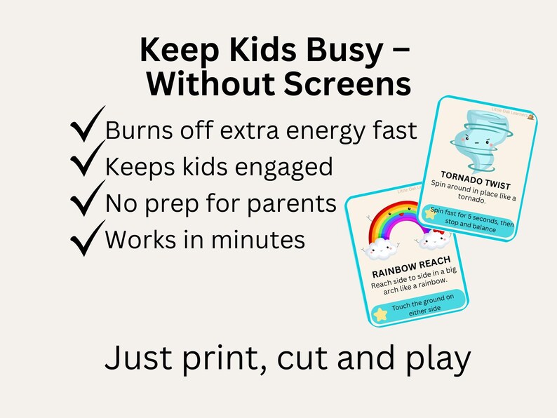 Pu&ograve; includere: L'immagine presenta due carte attivit&agrave; con illustrazioni e istruzioni per bambini. Le carte sono intitolate "Tornado Twist" e "Rainbow Reach". Il testo sull'immagine recita "Keep Kids Busy - Without Screens" e "Just print, cut and play."