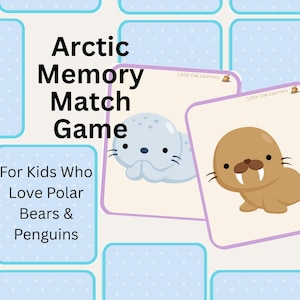 以下が含まれることがあります： 北極の動物のイラストが描かれた子供向けのメモリーマッチゲーム。ゲームにはアザラシとセイウチのイラストが描かれたカードが含まれています。ゲームのテキストは「Arctic Memory Match Game」と「For Kids Who Love Polar Bears & Penguins」です。