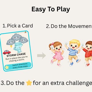 Pu&ograve; includere: Una guida illustrata intitolata "Easy To Play" con istruzioni per un gioco. La guida presenta una carta con un tema di caccia alla tempesta, personaggi dei cartoni animati e il testo "Run in place like you're chasing a storm."