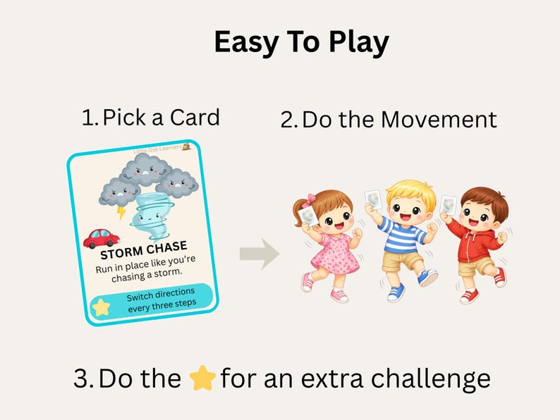 Pu&ograve; includere: Una guida illustrata intitolata "Easy To Play" con istruzioni per un gioco. La guida presenta una carta con un tema di caccia alla tempesta, personaggi dei cartoni animati e il testo "Run in place like you're chasing a storm."
