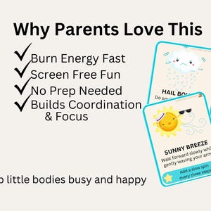 Pu&ograve; includere: Flashcard educative con bordo azzurro, raffiguranti un sole e una nuvola. Il testo sulle carte include "Sunny Breeze" e "Hail Bo". L'immagine include anche il testo "Why Parents Love This" e punti elenco sui vantaggi delle carte.