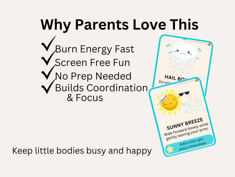 Pu&ograve; includere: Flashcard educative con bordo azzurro, raffiguranti un sole e una nuvola. Il testo sulle carte include "Sunny Breeze" e "Hail Bo". L'immagine include anche il testo "Why Parents Love This" e punti elenco sui vantaggi delle carte.