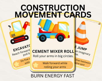 Construction Movement Cards for Kids | Gross Motor Activity | Toddler Energy Burn Game | Preschool Indoor Activity | No Prep Printable