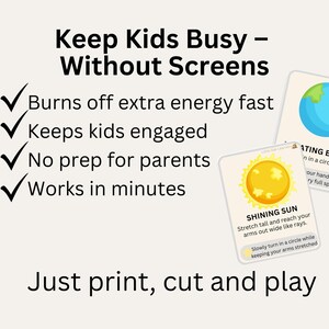 May include: Cards with illustrations of the sun and Earth, with text: "Keep Kids Busy - Without Screens." The cards offer activities to burn energy, engage kids, and require no prep. Text: "Just print, cut and play."