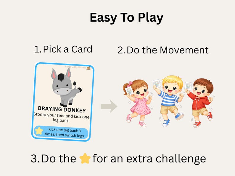 May include: An illustrated card game with the text "Easy To Play". The card shows a cartoon donkey and instructions to stomp feet and kick one leg back. Three children are shown holding cards and playing.