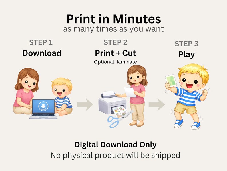 Pu&ograve; includere: Grafica illustrata che mostra i passaggi per stampare un download digitale. I passaggi sono scaricare, stampare e tagliare e giocare. Il testo recita "Stampa in pochi minuti tutte le volte che vuoi."