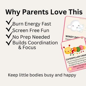 May include: Two pink-framed activity cards with illustrations of a cloud and a caterpillar. Text on the cards includes "Windy Day" and "Caterpillar Crawl." The image also features text: "Why Parents Love This" and "Keep little bodies busy and happy."